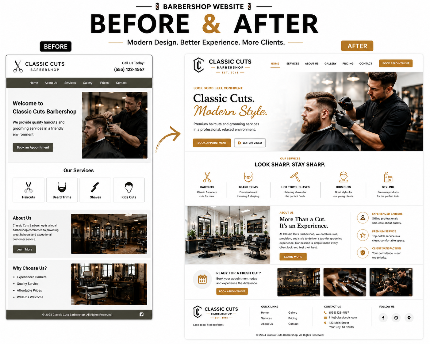 Classic Cuts Barbershop website — before and after revamp by Revamp Solutions