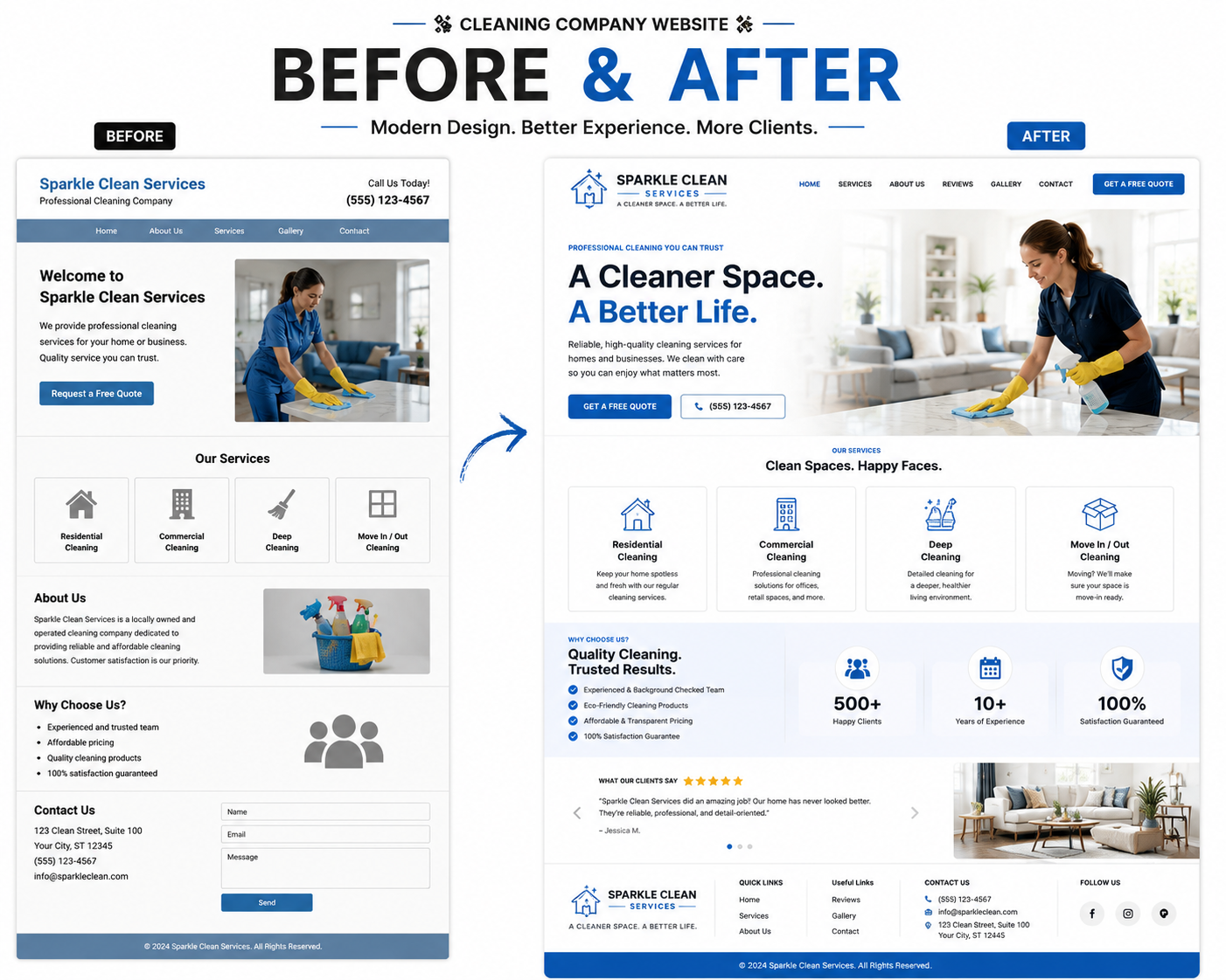 Sparkle Clean Services website — before and after revamp by Revamp Solutions