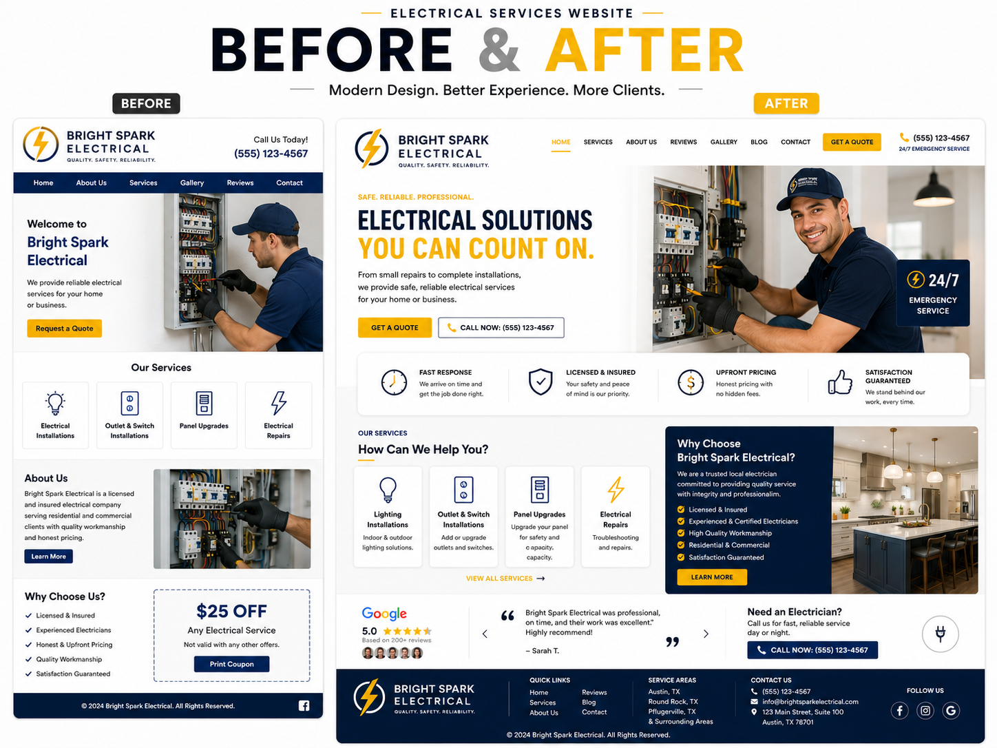 Bright Spark Electrical website — before and after revamp by Revamp Solutions
