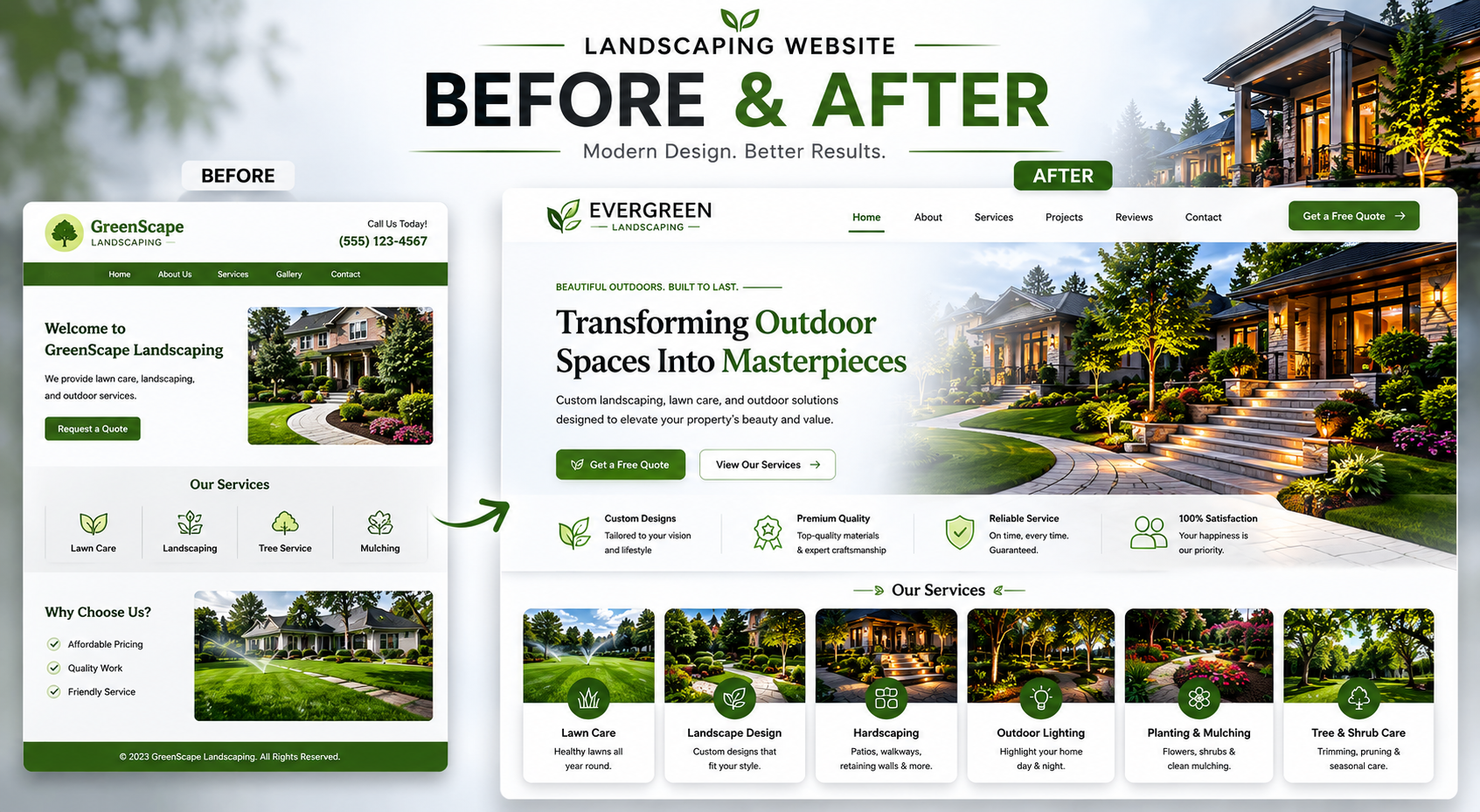 Evergreen Landscaping website — before and after revamp by Revamp Solutions