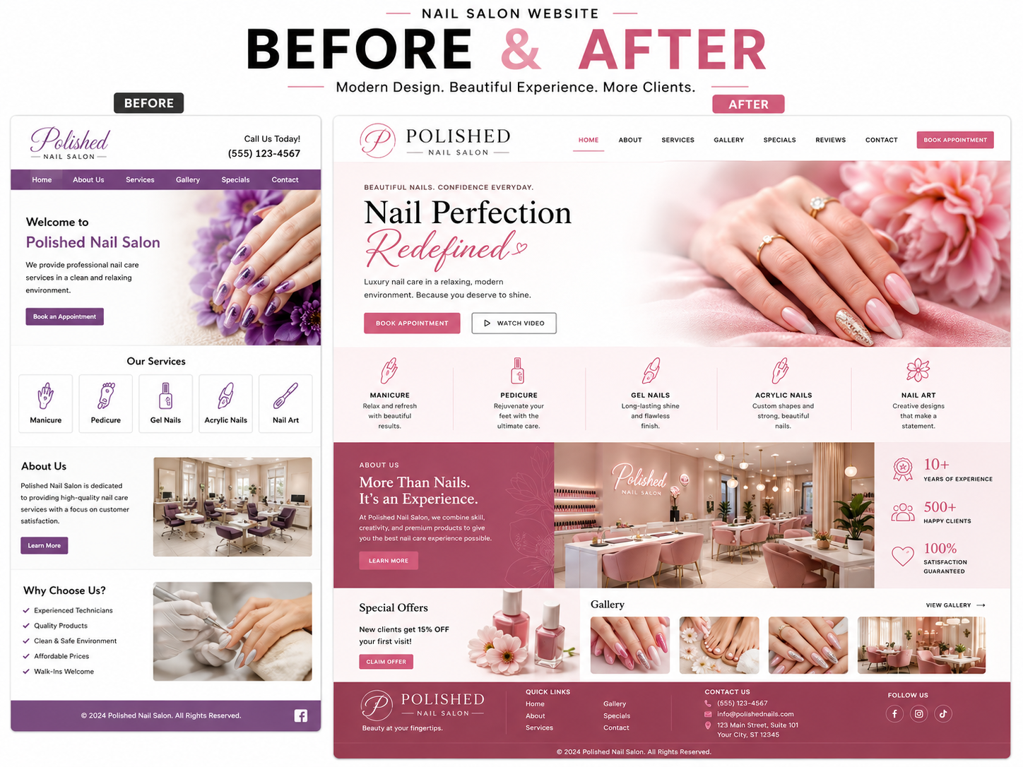 Polished Nail Salon website — before and after revamp by Revamp Solutions