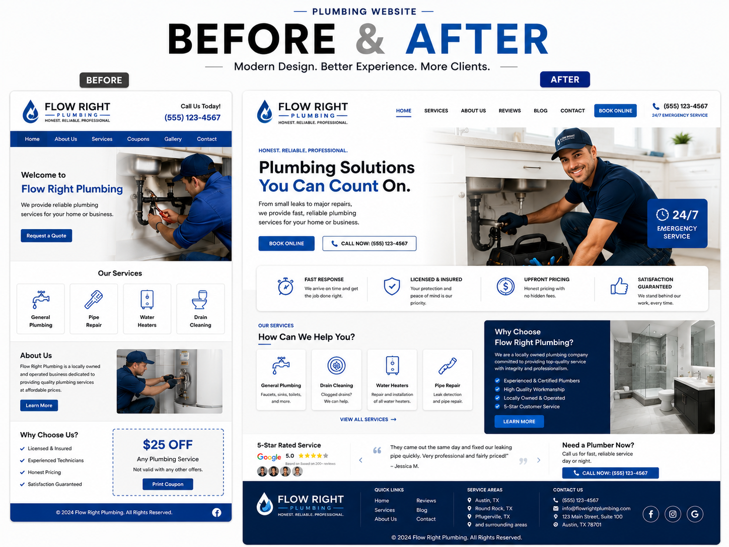 Flow Right Plumbing website — before and after revamp by Revamp Solutions